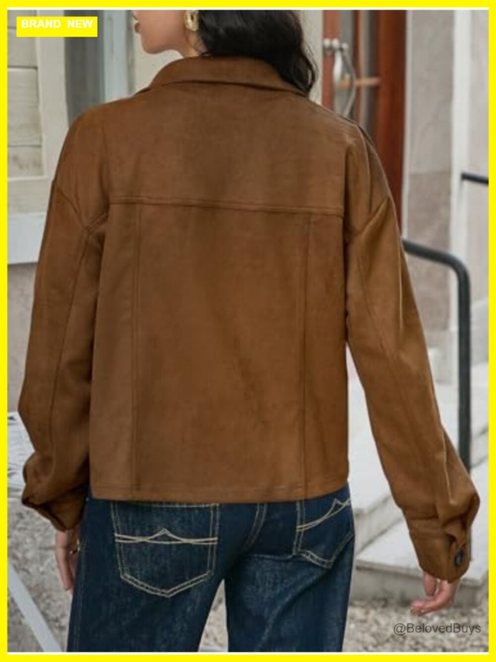 Cropped Faux Suede Leather Jacket Lapel Collar Button Down Short Coat Fall - Picture 4 of 6